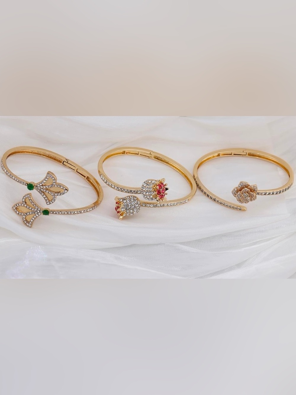 Anthropologie Gold Color Crystal Floral & Emerald Accent Cuff Bracelets